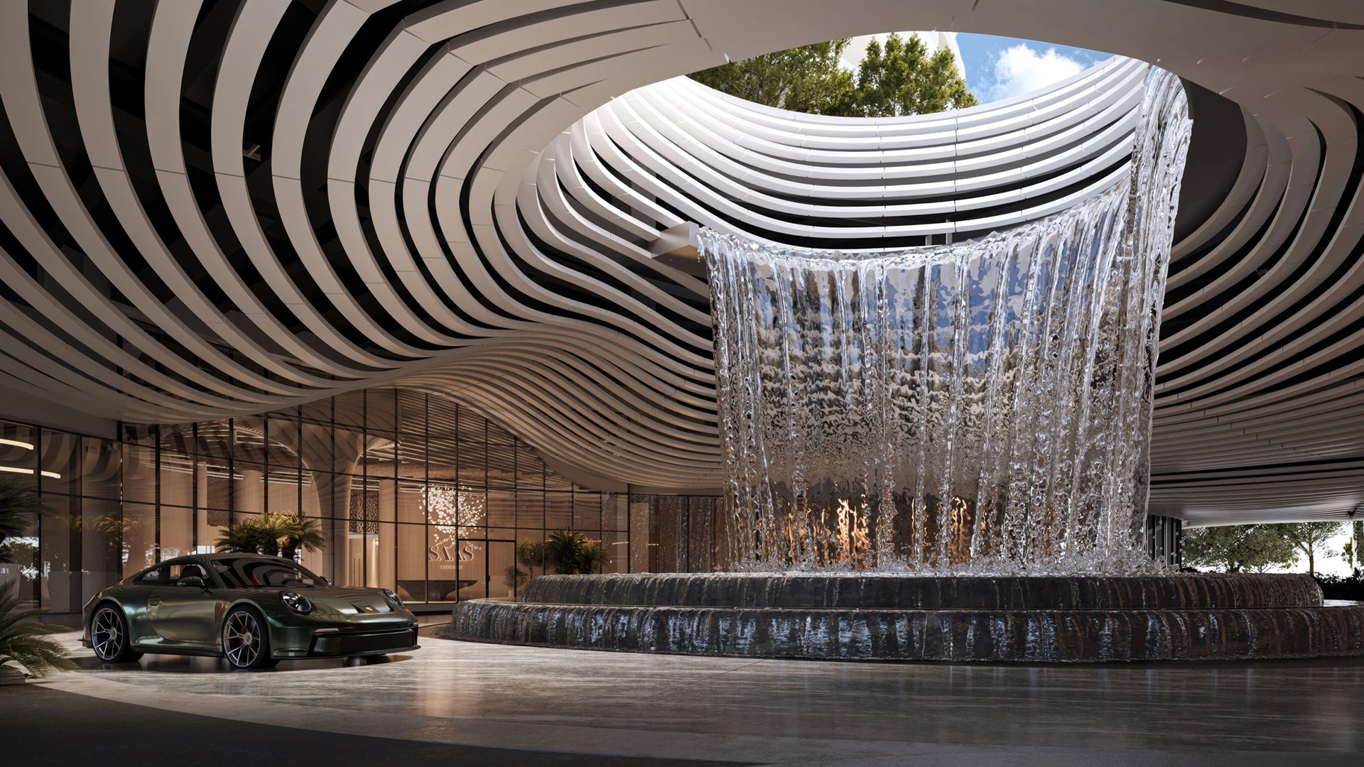 SAAS Hills luxury lobby and waterfall